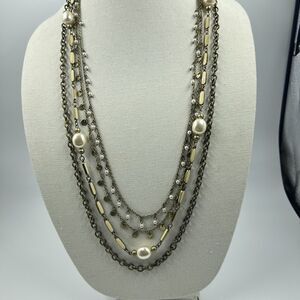 Talbots Antique Gold Tone 4 Strand Necklace Faux Pearls Bezel Set Enamel 28”